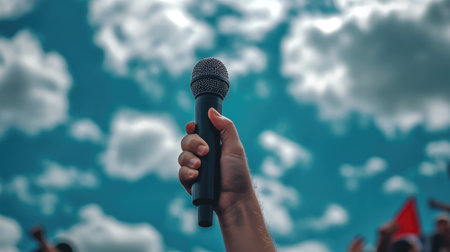 A hand holds a microphone against a backdrop of a bright blue sky filled with fluffy clouds, symbolizing expression, communication, and performance at an outdoor event.の素材