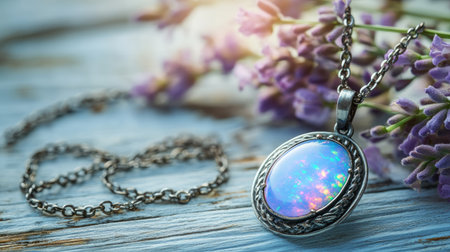 A stunning silver necklace featuring a vibrant opal gemstone, resting gracefully beside fragrant lavender flowers. Perfect for elegant jewelry collections or serene decor.の素材