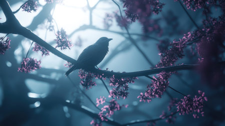 A serene image of a bird silhouette perched on a cherry blossom branch, surrounded by mist and soft light, creating an enchanting atmosphere of tranquility.の素材