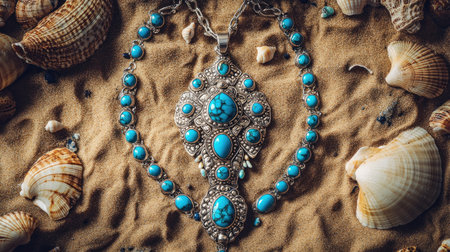 Stunning turquoise necklace rests on soft sand surrounded by seashells, showcasing intricate silver detailing and vibrant stones, perfect for beach-inspired aesthetics.の素材