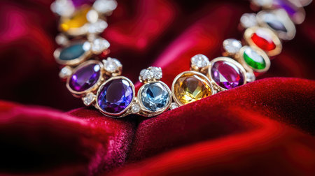 This image showcases an elegant necklace adorned with colorful gemstones resting on rich red velvet. The luxurious texture and vibrant colors highlight the beauty of the jewelry.の素材
