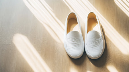 A pair of elegant white slip-on shoes rests on a wooden floor, illuminated by gentle sunlight. This image captures a minimalist and stylish vibe perfect for fashion and home decor themes.の素材