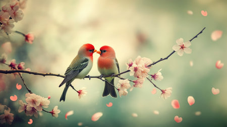 A captivating image featuring two vibrant birds sharing a tender moment on a cherry blossom branch. Soft petals surround them, enhancing the romantic ambiance.の素材