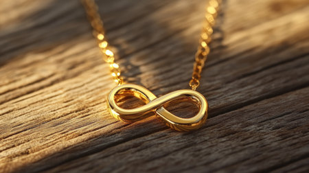 A stunning golden infinity necklace resting on a rustic wooden surface. Ideal for fashion enthusiasts, this piece represents elegance and timeless beauty.の素材