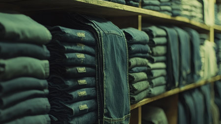 A collection of neatly stacked denim jeans on wooden shelves in a retail store, showcasing the texture and organization of casual fashion clothing, perfect for shoppers.の素材