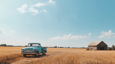 A vintage blue pickup truck parked in a golden wheat field next to a rustic barn. This serene rural scene captures the essence of countryside life under a bright sky.の素材