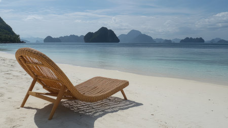 A serene scene featuring a rustic lounger on a sandy beach, overlooking crystal clear water and distant islands. Perfect for relaxation and escape.の素材