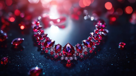 This exquisite red gemstone necklace showcases stunning jewels that catch the light beautifully. An elegant design perfect for photography and fashion.の素材