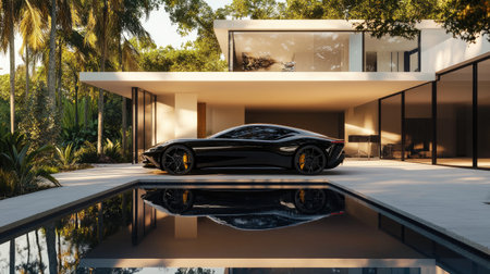 A sleek luxury car stands gracefully beside a contemporary house, reflecting beauty in the pool. Surrounded by lush greenery, this scene exemplifies modern living.の素材