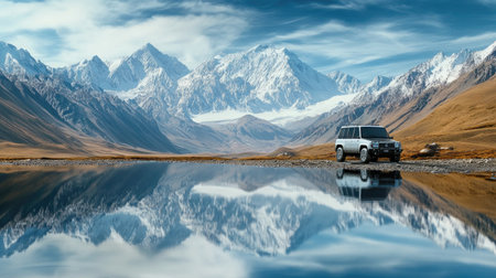 A stunning mountain landscape featuring a reflective river and an off-road vehicle, surrounded by majestic peaks and serene skies, ideal for adventure seekers.の素材