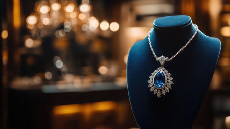 An elegant blue gemstone necklace elegantly displayed on a velvet bust stand, showcasing its exquisite design and sparkling craftsmanship in a luxurious setting.の素材