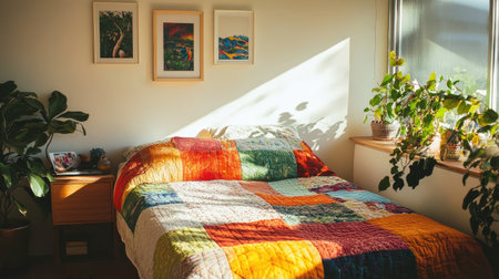 A bright and cozy bedroom featuring a colorful quilt, live plants, and warm sunlight. Perfect for relaxation and showcasing vibrant decor ideas.の素材