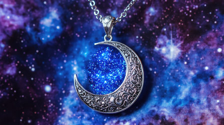 A stunning silver crescent moon necklace featuring intricate designs and a vibrant galaxy background. This piece captures the mystique of the cosmos beautifully.の素材
