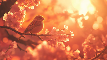A charming bird sits gracefully on a branch surrounded by blooming cherry blossoms, illuminated by warm golden sunlight, creating a serene and vibrant spring scene.の素材