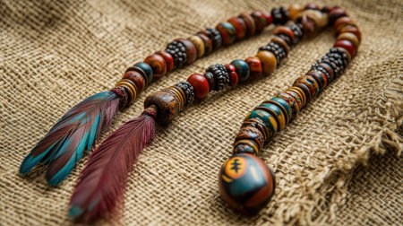 This stunning necklace features vibrant beads and delicate feathers, showcasing handmade craftsmanship on a natural textured background. Perfect for fashion enthusiasts.の素材