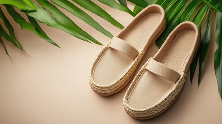 A pair of stylish beige slip-on shoes featuring a woven design placed on a soft, natural background. Perfect for casual wear and summer outings.の素材