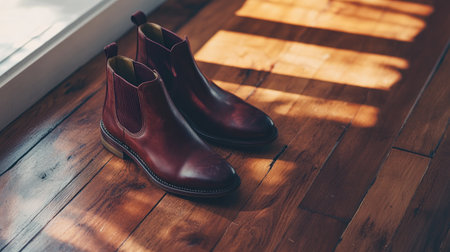 A pair of stylish brown leather boots resting on a wooden floor, illuminated by soft natural light. Perfect for showcasing fashion and interior design themes.の素材