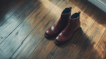 A pair of stylish brown leather boots rests on a wooden floor, illuminated by soft natural light, creating a warm and inviting atmosphere perfect for fashion and interior themes.の素材