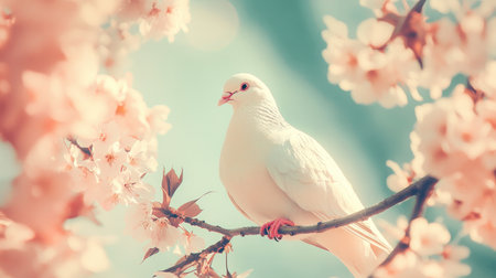 A serene white dove perches gracefully on a branch adorned with pink blossoms, capturing the essence of spring's beauty and tranquility in this delicate nature scene.の素材
