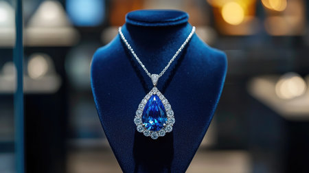 Stunning sapphire necklace featuring a diamond accent, elegantly displayed on a black stand, showcasing the exquisite craftsmanship and luxurious design that captivates attention.の素材