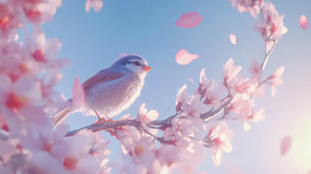 A small bird rests gently on a blossoming cherry tree branch, surrounded by soft petals in a serene spring setting, evoking feelings of calm and beauty.の素材