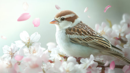 A serene image of a sparrow resting among pink cherry blossom petals, capturing the beauty of spring. This tranquil scene highlights nature's delicate details and vibrant colors.の素材