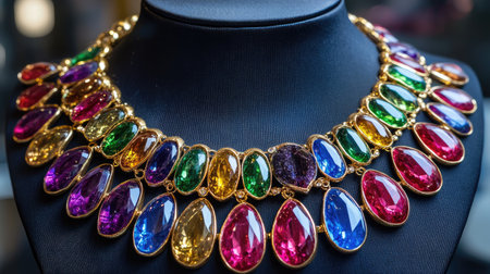 This exquisite colorful gemstone necklace features a captivating design, showcasing vibrant hues and a luxurious gold setting, perfect for any fashionable ensemble.の素材