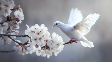 A graceful white dove sits delicately on a cherry blossom branch, surrounded by soft pastel colors. This serene image captures the beauty of nature in spring.の素材