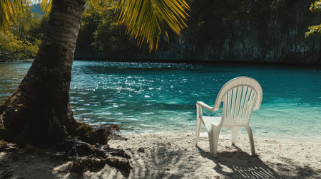 A serene beach scene features a white plastic chair facing crystal clear blue waters. Lush palm trees provide shade in this tranquil, picturesque setting ideal for relaxation.の素材