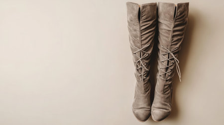 A pair of stylish gray knee-high boots featuring lace-up details, perfect for adding a trendy touch to any outfit. Ideal for fashion and lifestyle photography.の素材