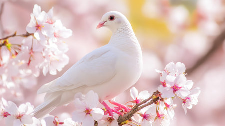 A serene white bird perched gracefully on a branch adorned with delicate cherry blossoms, capturing the essence of spring's beauty and tranquility in nature.の素材