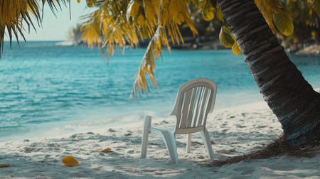 A tranquil tropical beach scene featuring a single empty chair under a palm tree, inviting relaxation and solitude amid the soft sands and gentle waves.の素材