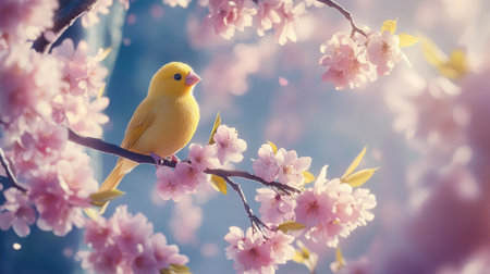 A charming yellow bird perches on a cherry blossom branch, surrounded by delicate pink petals in a soft, ethereal light, capturing the essence of spring.の素材