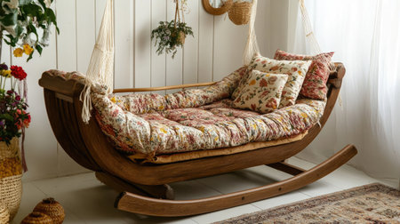 This cozy rocking chair features floral cushions in a bright room. Ideal for relaxation, it blends rustic charm with contemporary decor for a warm atmosphere.の素材