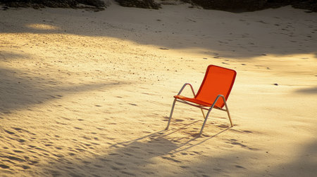 A bright orange chair is positioned alone on a sandy beach, casting soft shadows in the warm sunlight of sunrise. This tranquil scene evokes relaxation and solitude.の素材