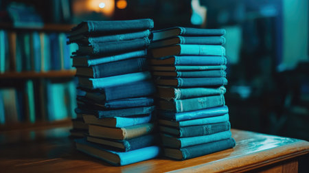 A collection of neatly stacked books with blue covers resting on a wooden table in a library setting, creating a serene and inspiring atmosphere perfect for reading and study.の素材