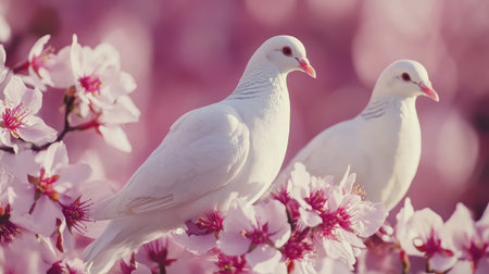 Two graceful white doves rest among blooming cherry blossoms, creating a serene and romantic atmosphere in soft focus, highlighting the beauty of nature in spring.の素材