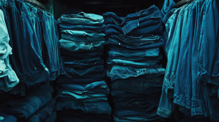 A collection of neatly stacked denim jeans in a dark storage area. The blue fabric creates a visually appealing and organized atmosphere, ideal for showcasing clothing storage solutions.の素材