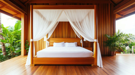 Discover the beauty of a modern tropical bedroom featuring an elegant canopy bed, natural wood accents, and plenty of natural light, creating a serene getaway.の素材