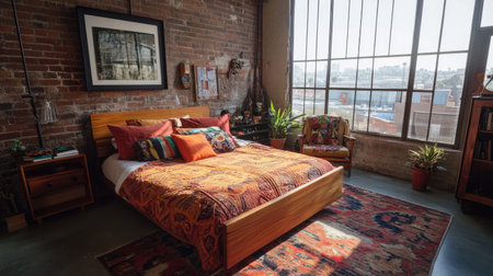 This stylish bedroom features an inviting bed with colorful pillows and an eclectic decor style. Large windows provide natural light and a serene atmosphere.の素材