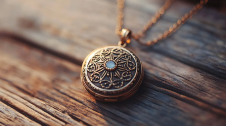 Close-up of an elegant vintage locket resting on weathered wood, featuring intricate designs and a delicate pearl accent. Perfect for showcasing timeless beauty.の素材