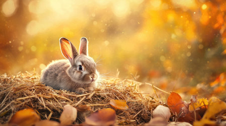 A charming scene of a cute bunny sitting on a bed of hay, surrounded by colorful autumn leaves, embodying the serenity and beauty of nature in warm sunlight.の素材