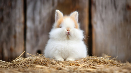 A cute fluffy rabbit sits peacefully on a bed of straw, showcasing its soft fur and adorable features in a rustic farm environment. Perfect for nature lovers!の素材