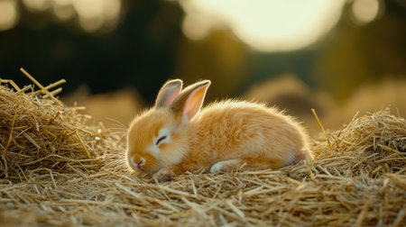A cute orange baby rabbit peacefully sleeps on a bed of dry straw. This cozy scene in nature captures the innocence and tranquility of young wildlife.の素材
