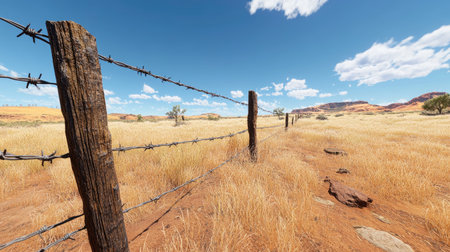 A rustic barbed wire fence stretches across a dry desert landscape under a bright blue sky. The image captures the serene isolation of nature, highlighting the beauty of the rural environment.の素材