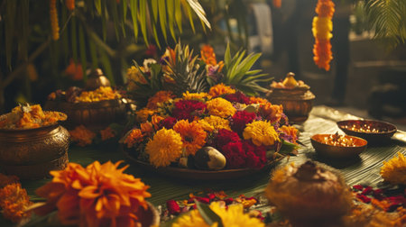 A stunning display of vibrant flowers arranged for a traditional festival. Rich colors and textures create a joyful atmosphere, celebrating culture and beauty.の素材
