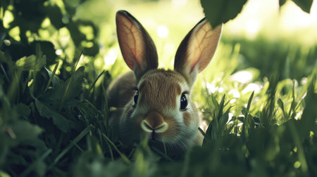 A cute rabbit rests in the green grass, partially hidden under foliage. Its wide eyes and fluffy fur create an adorable, serene scene in nature.の素材