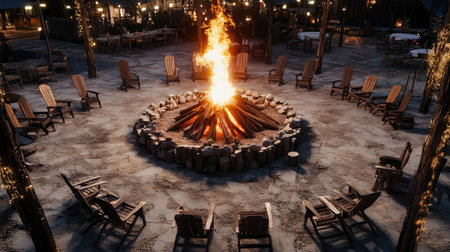 A cozy campfire scene with rustic wooden chairs arranged in a circle, surrounded by glowing flames and a serene night sky, perfect for gatherings.の素材