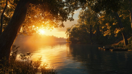 A breathtaking sunset bathes the calm lake in golden hues, surrounded by lush trees. The serene atmosphere invites relaxation and an appreciation of nature's beauty.の素材