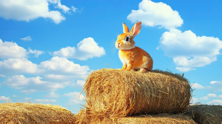 An adorable bunny sits atop a haystack, basking in the warm sunlight under a bright blue sky filled with fluffy clouds, creating a peaceful countryside scene.の素材